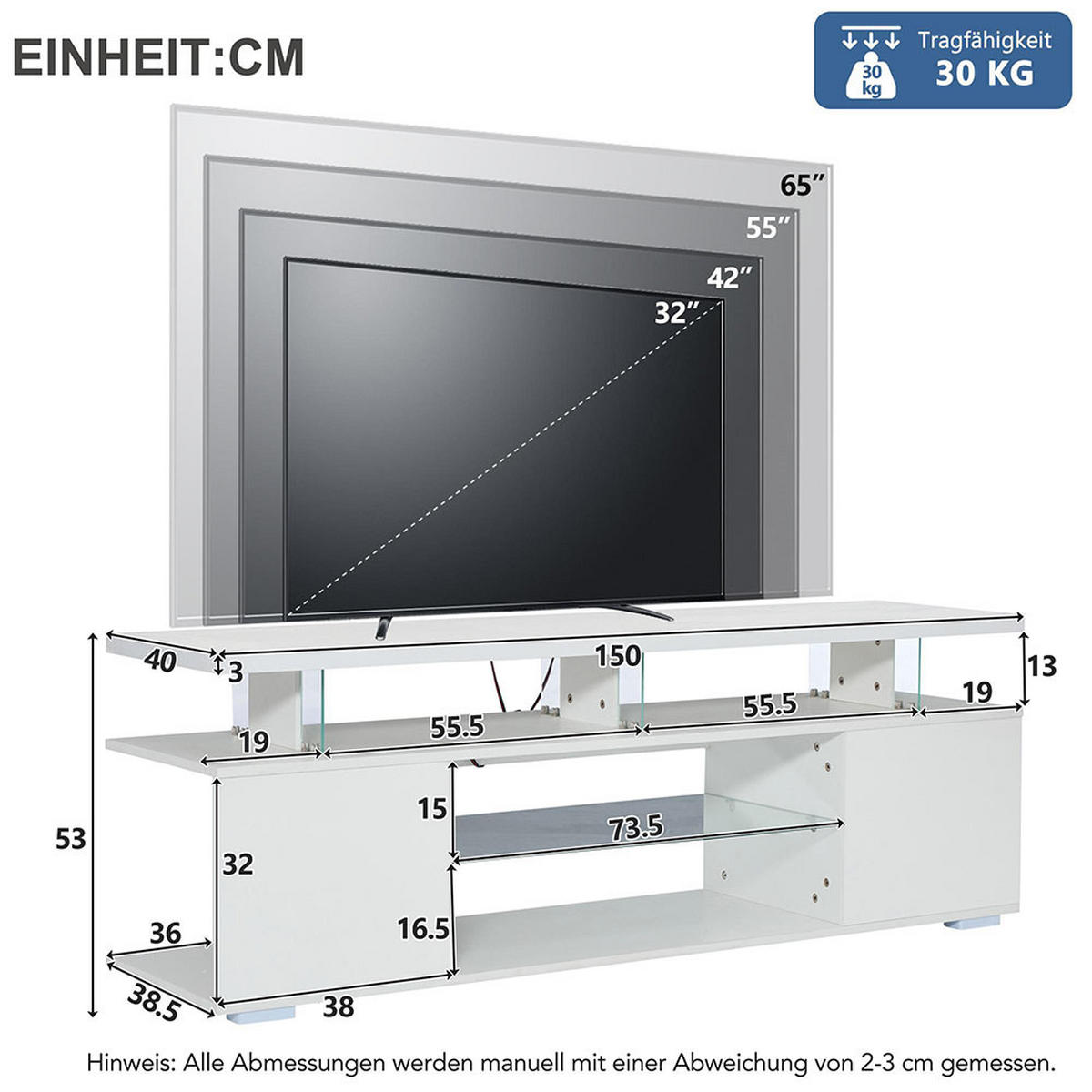 TV-STÄNDER mit LED-Beleuchtung in Reinweiß - Weiß, Holz (40/53/150cm) - KOMHTOM