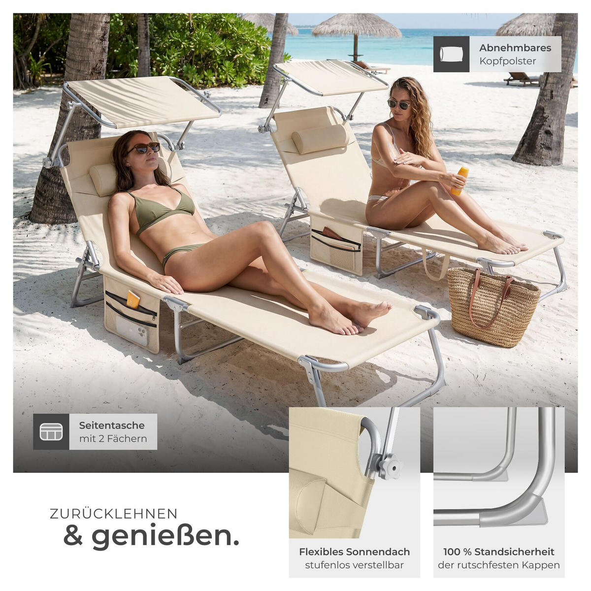 SONNENLIEGE 2er Set Chloé, 190 x 68 x 111 cm, mit Seitentasche, beige - Beige, Kunststoff (68/111/161cm) - tectake