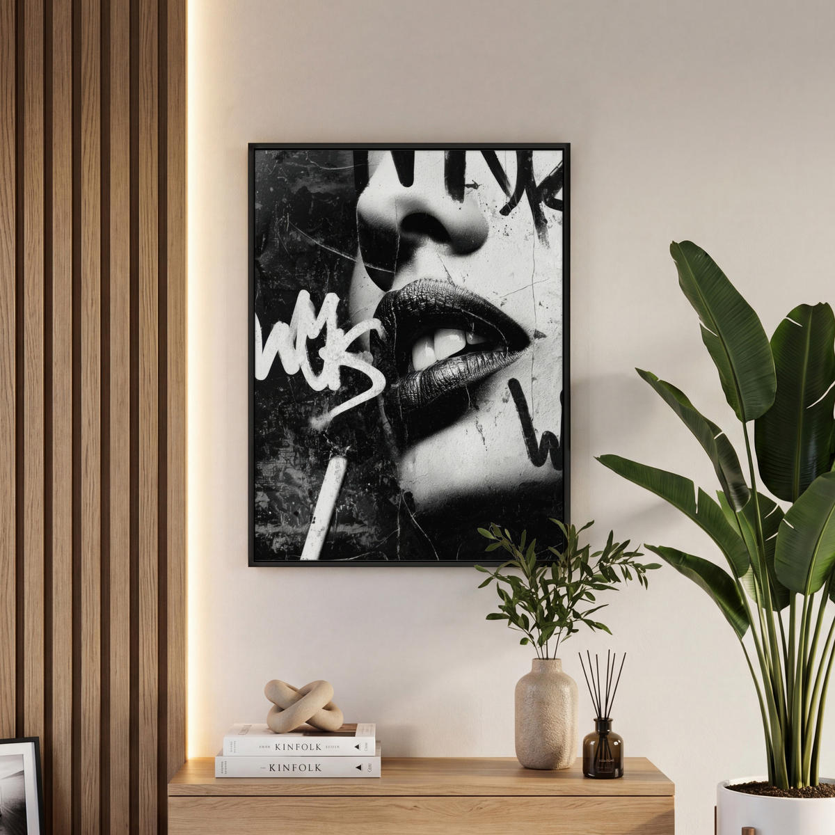 LEINWAND Bilder mit Rahmen - Gesicht - Mund - Graffiti - Schwarz - 50x70 - Schwarz, Textil (50/70cm) - MuchoWow