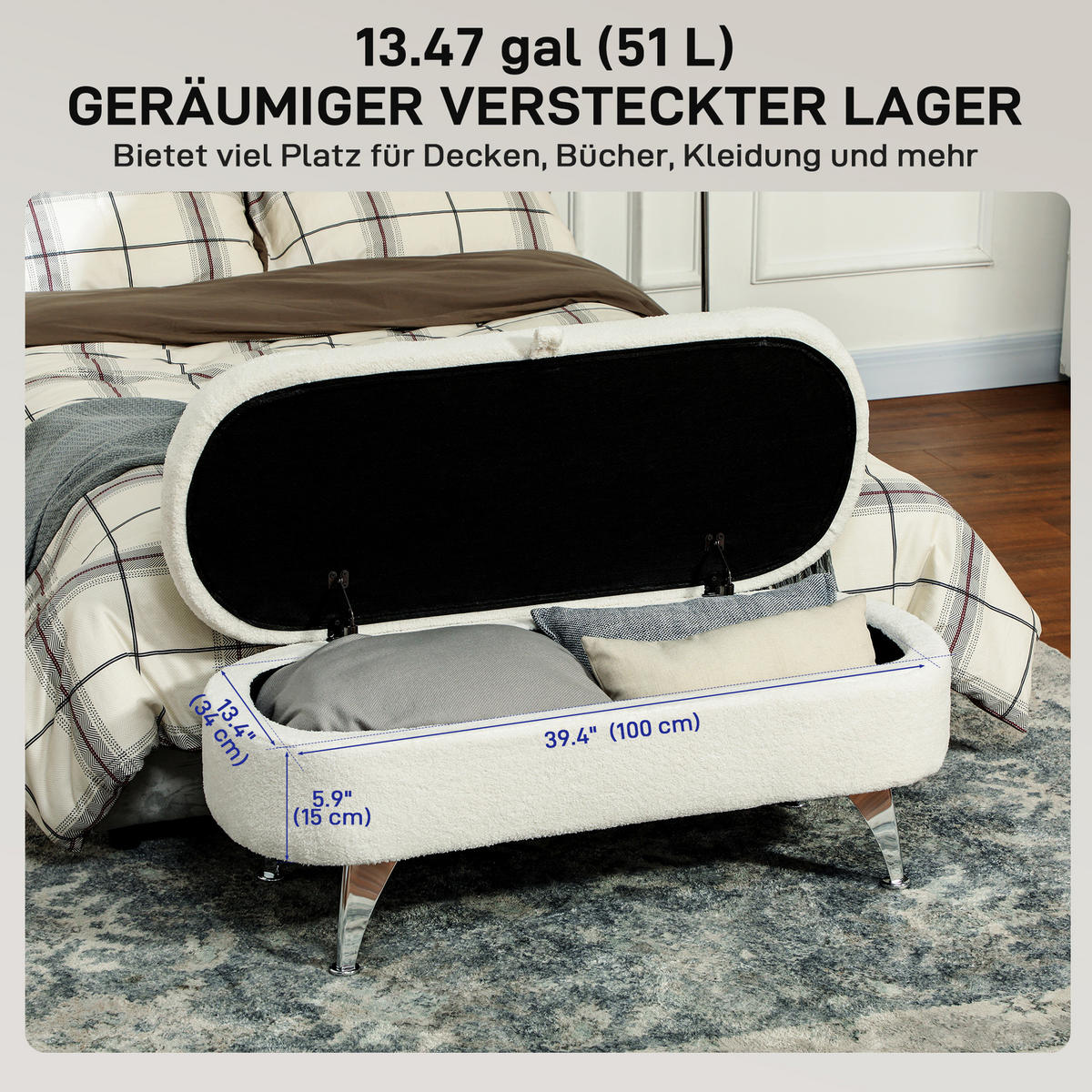 SITZBANK mit Stauraum, Polsterbank mit Deckel, Bettbank mit Teddysamtoptik - Weiß, Kunststoff (47/46.5/114cm) - HOMCOM