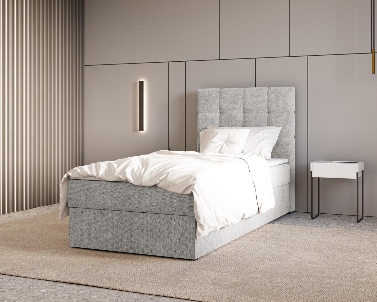 BOXBETT - Bett 05 OSLO - Aragon - 90x200 cm - mit Bettkasten und Komfort-Topper - Hellgrau, Holz (90/200cm) - ROYAL24_MARKT