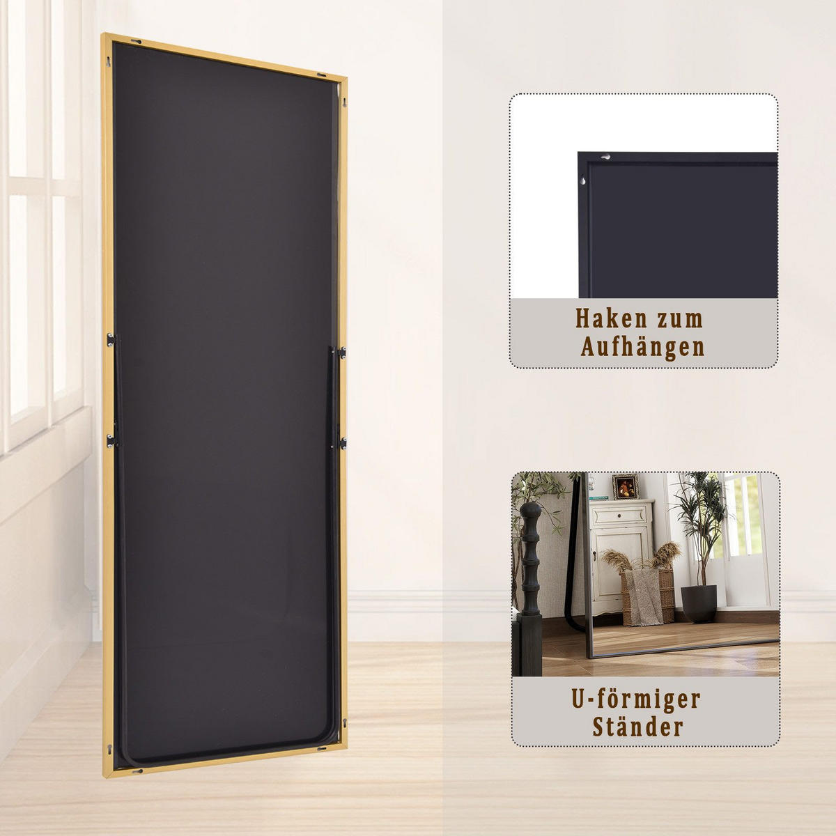 STANDSPIEGEL 165x60 cm – Freistehend & Wandmontage, Aluminiumlegierung Goldrahmen - Goldfarben, Glas/Metall (60/165/165cm)