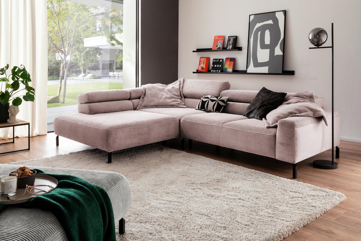 ECKSOFA DELIA Pink Cord - Pink/Schwarz, Textil/Metall (312/219cm) - KAWOLA