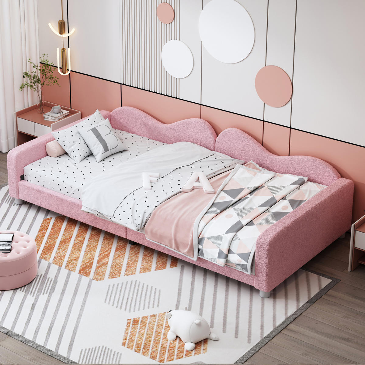 KINDERBETT 90/200 cm als Schlafsofa mit Rückenlehne, Armlehnen und Teddystoff, Rosa - Rosa, Textil (90/200cm) - Redom