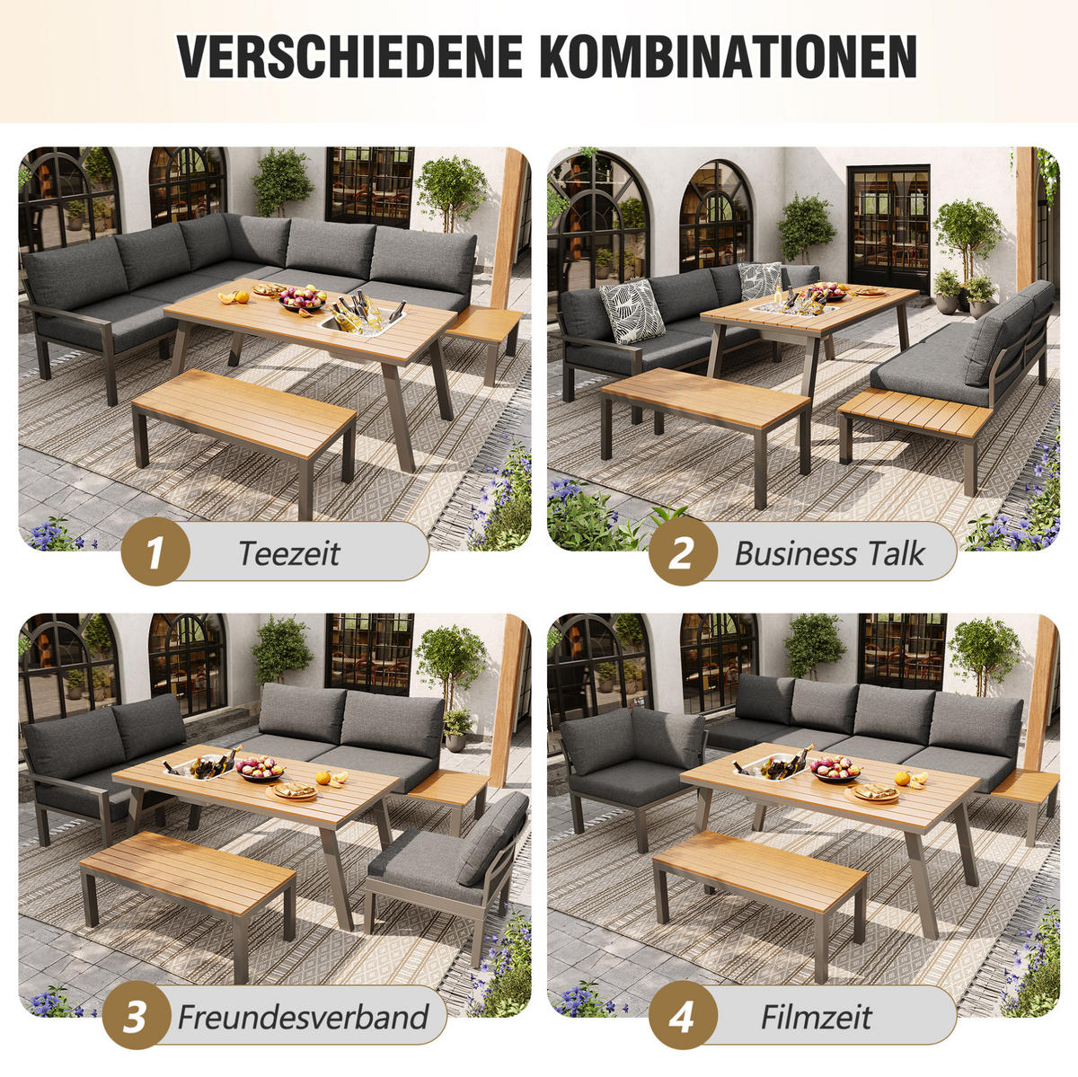 GARTEN-LOUNGE-SET, Metallgestell mit Polstern & Tisch mit Eiskübel, 147/60/65 cm, Grau - Grau, Metall - Redom