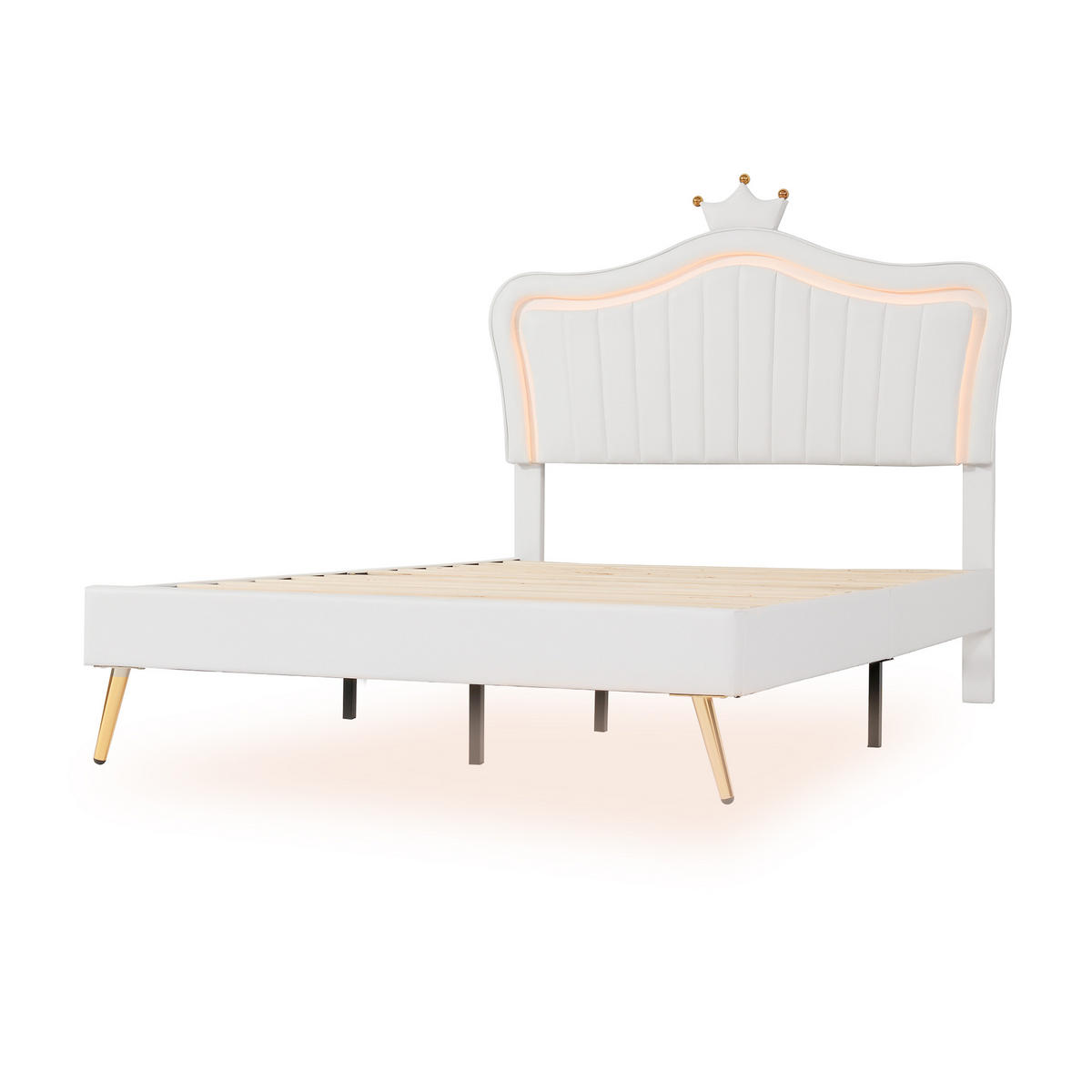 POLSTERBETT 140/200 cm weiß mit LED-Beleuchtung und Kronen-Kopfteil - Weiß, Textil (140/200cm) - OKWISH