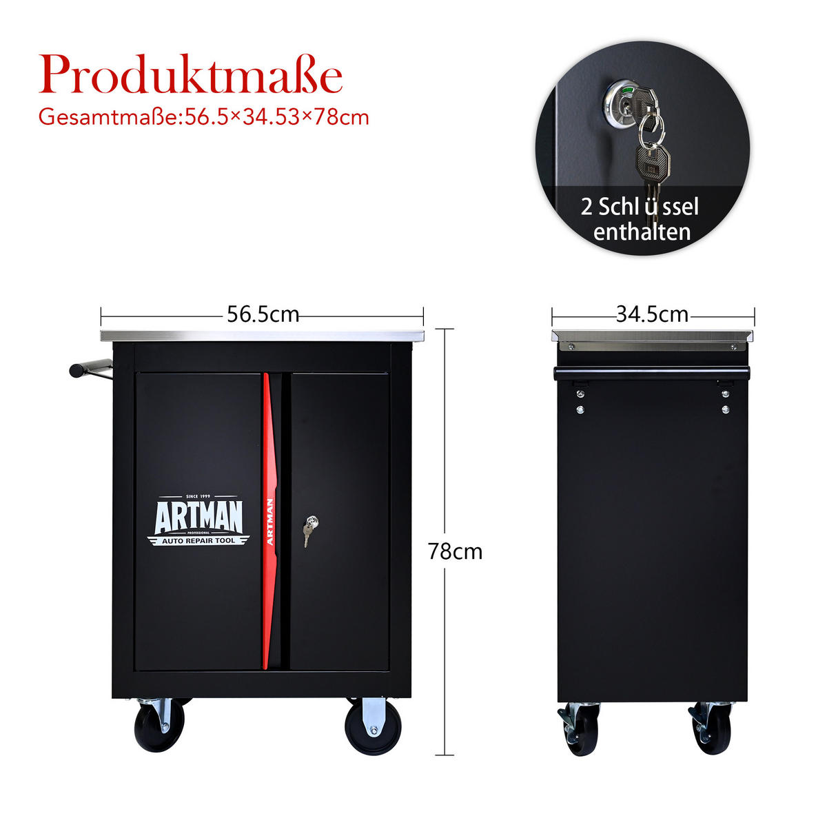 WERKZEUGWAGEN Metall Schwarz/Rot – Doppeltür, multifunktional, Werkstattwagen mit Stauraum für Garage & Werkstatt - Schwarz, Metall (34.5/78/62.5cm) - Ej. Life