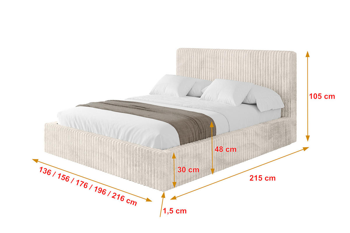 POLSTERBETT mit Bettkasten und Lattenrost, Bett mit Matratze H3/H4 - ALOVA-V1 - Creme, Holzwerkstoff/Textil (180/200cm) - ALTDECOR