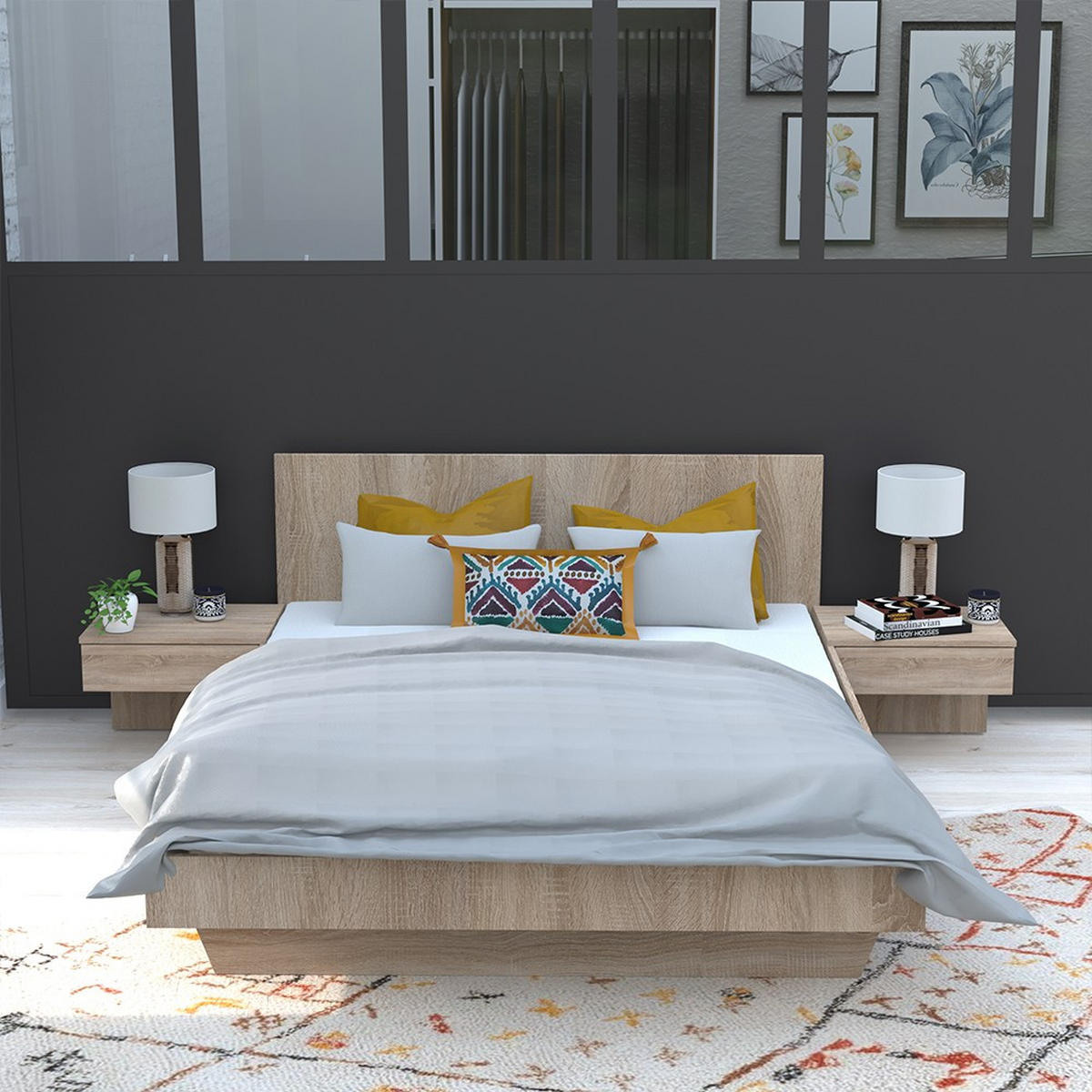 BETT COOL / Bett 140x190 cm + 2 Konsolen + Bettkasten - Gebleichte Eiche Dekor - Sonoma Eiche, Holz/Holzwerkstoff (192.2/234cm) - Weber Industries