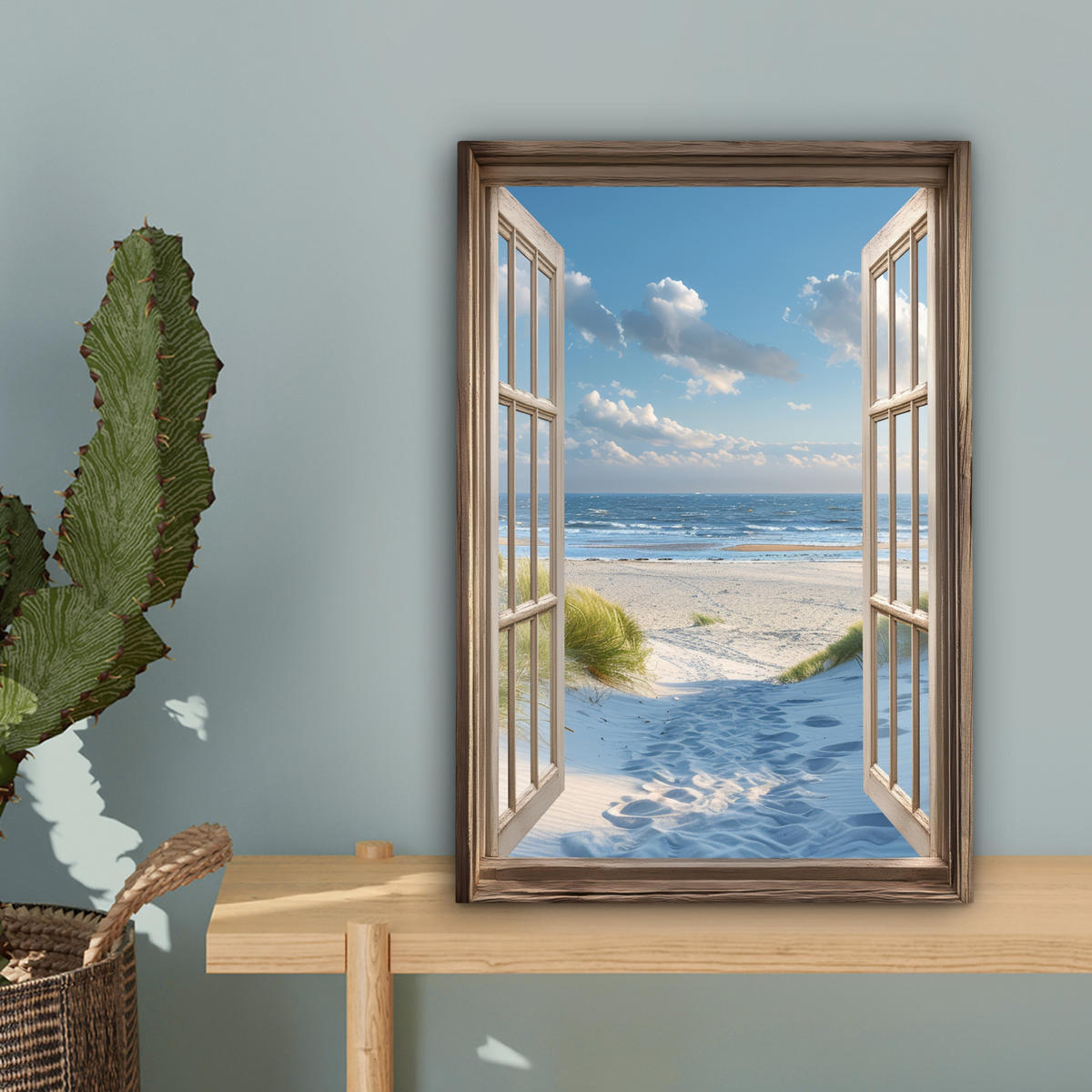 LEINWANDBILD Aussicht - Strand - Fenster - Dünen - Meer 20x30 cm - Hellblau, Textil (20/30cm) - MuchoWow