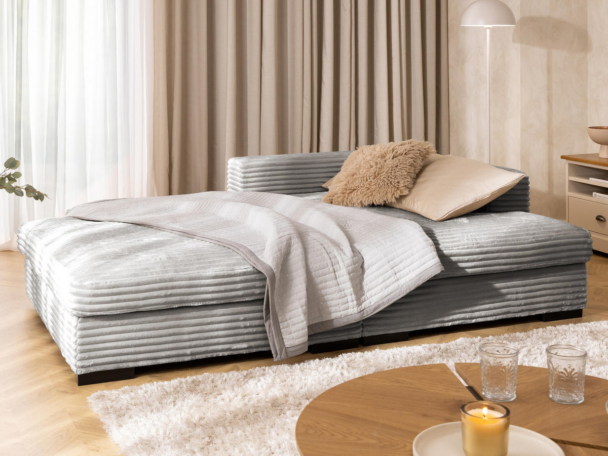 ECKSOFA Wolke mit tiefer Sitzfläche, Schlaffunktion und praktischem Bettkasten aus weichem Taupe Cordstoff - Taupe/Schwarz, Holz/Kunststoff (225/162cm) - S-Style