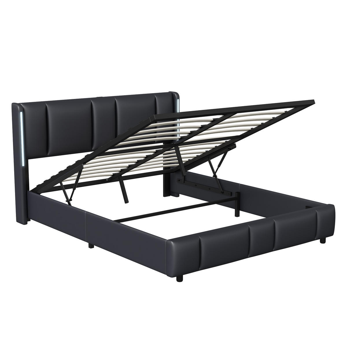 POLSTERBETT 140x200 mit LED, USB/Type-C, Stauraum & Lattenrost, schwarz - Schwarz, Textil/Metall (140/200cm)