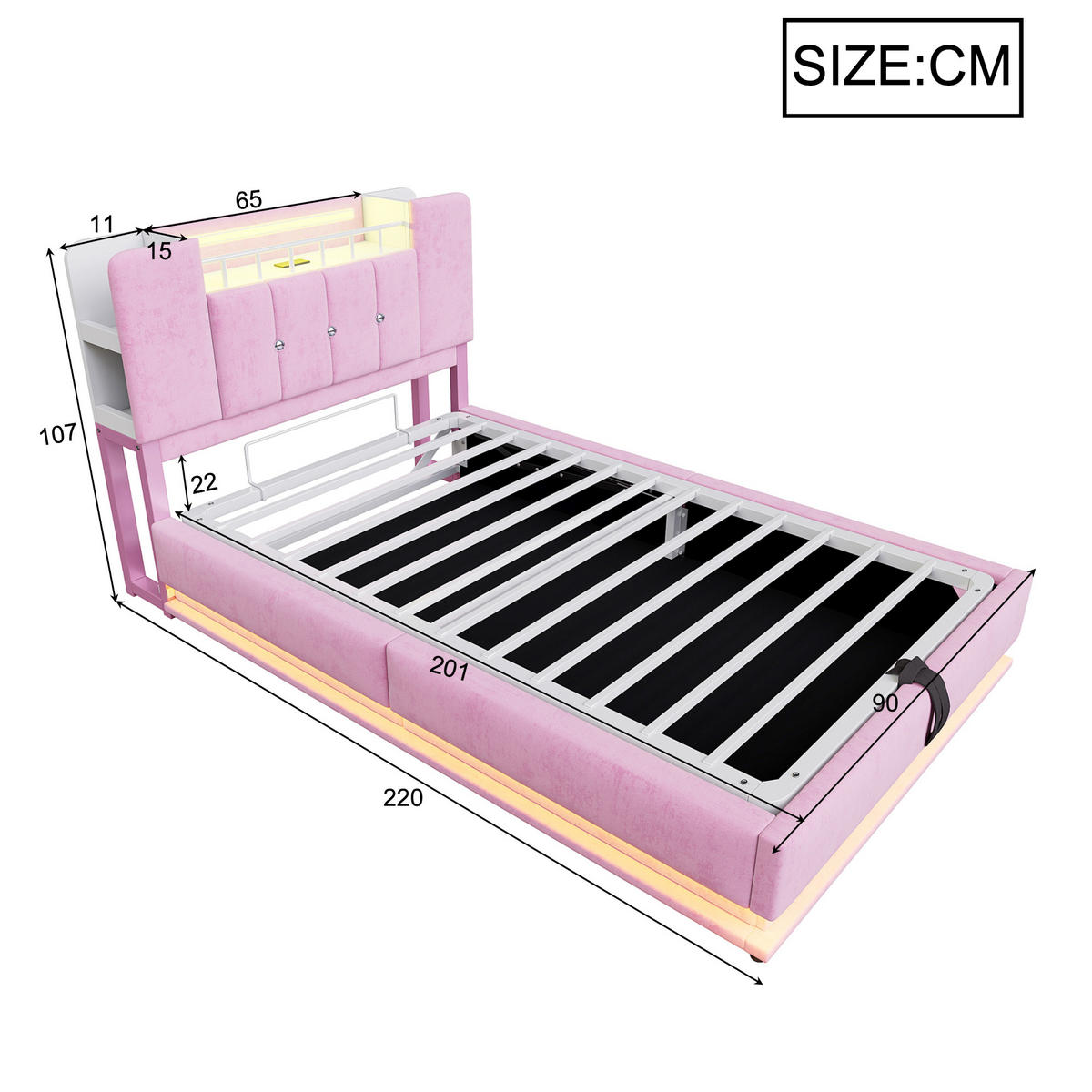 POLSTERBETT mit LED-Beleuchtung 90/200 cm mit Bettkasten und gepolstertem Kopfteil - Rosa, Textil (90/200cm) - BEAOK