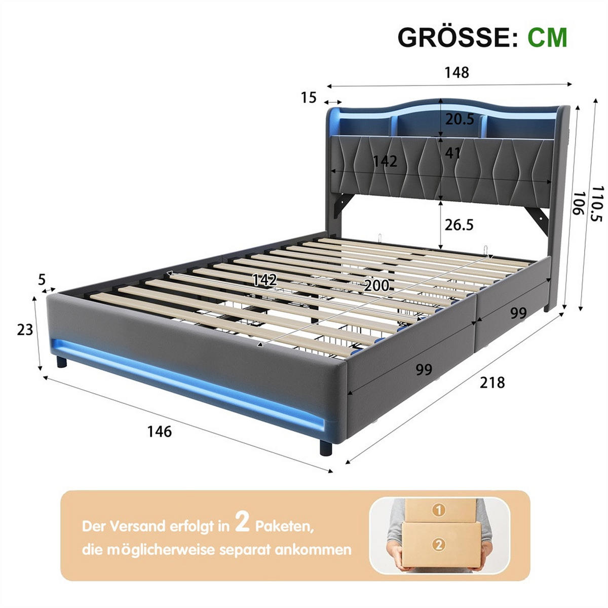 POLSTERBETT 140x200cm - Doppelbett mit 4 Schubladen - RGB-LED-Beleuchtung - Stauraum-Kopfteil - ohne Matratze - Grau - Grau, Textil (140/200cm) - DELFA