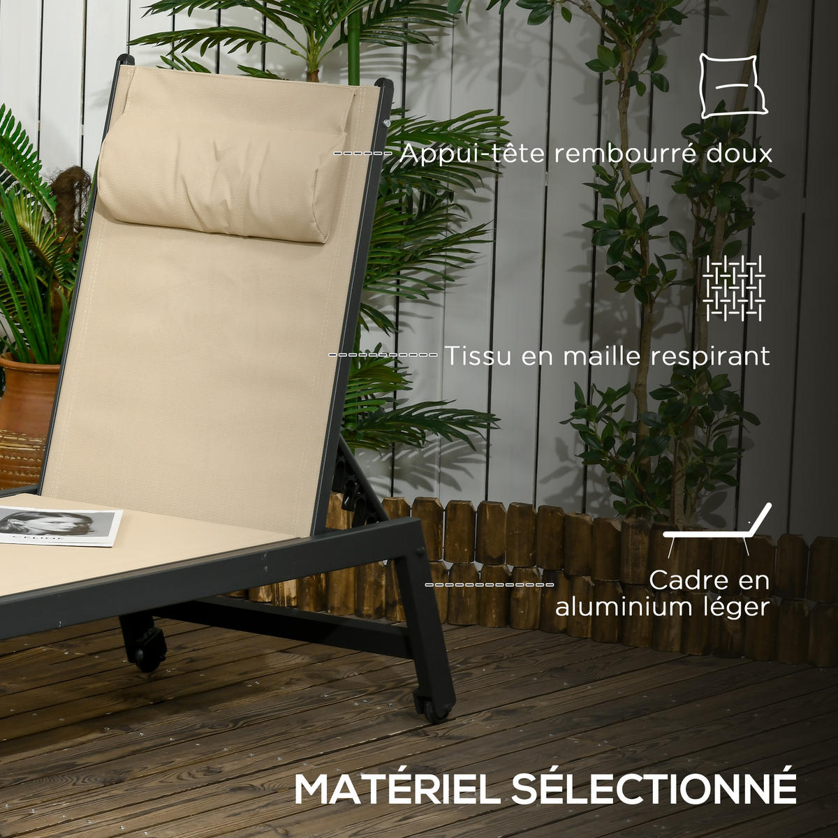 SONNENLIEGE DE-15612 Aluminium + Textilene, klappbar, mit Rollen & Kopfkissen Khaki - Mokka, Metall (55/90/164cm) - ComfortXL