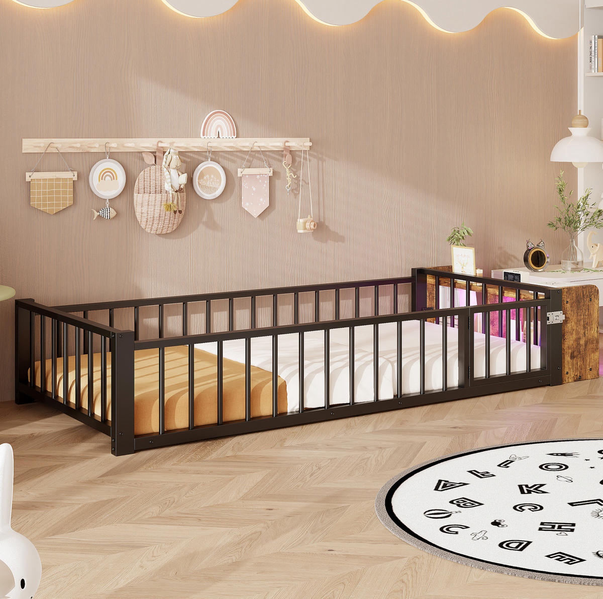 KINDERBETT 90/200 cm, Schwarz mit Schutzgeländer und LED, ohne Matratze - Schwarz, Metall (90/200cm) - MIVRAY
