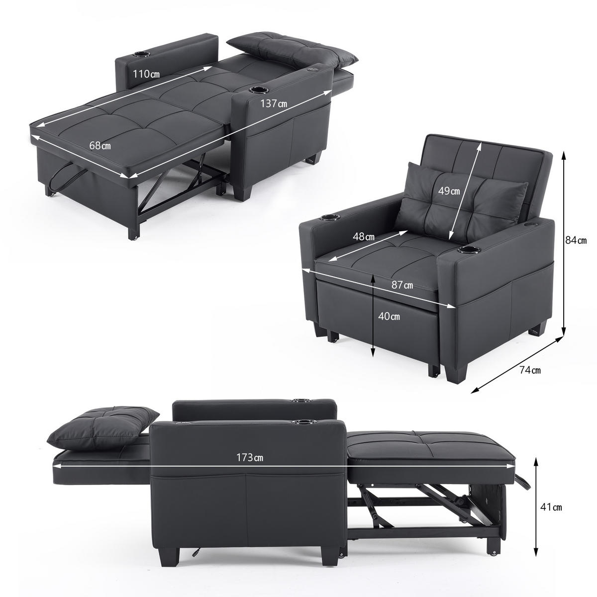 SCHLAFSOFA 3-in-1 Ausziehbares mit Getränkehaltern & USB Anschluss schwarz Holz-Metall 90/90/85 cm - Schwarz, Holz (74/84/87cm) - OKWISH