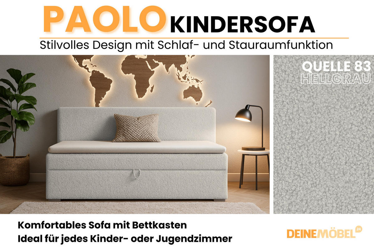 BOXBETT PAOLO 90/200 Boucle Hellgrau mit Bonell-Federkernmatratze H3 - Hellgrau, Holz/Holzwerkstoff (90/200cm) - Deine Möbel 24