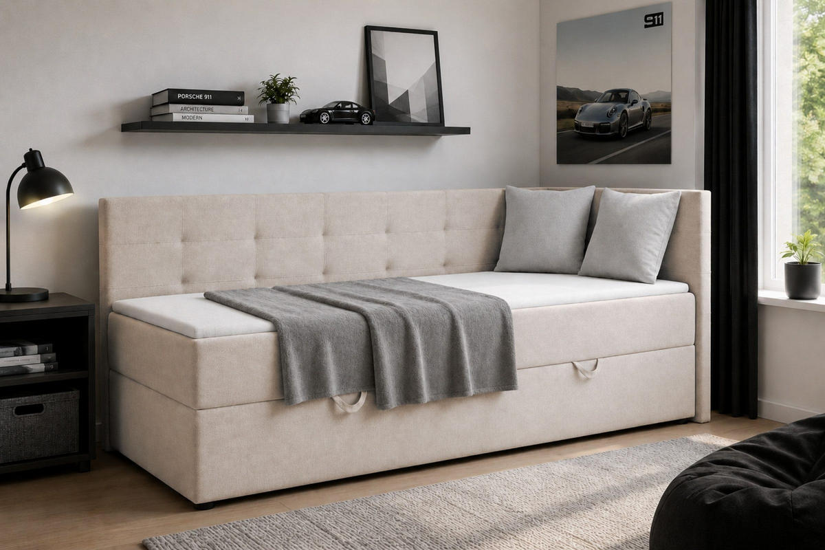 BOXBETT FAVIO 100/200 in Velours Ecru H3 - Beige, Holz/Holzwerkstoff (100/200cm) - Deine Möbel 24