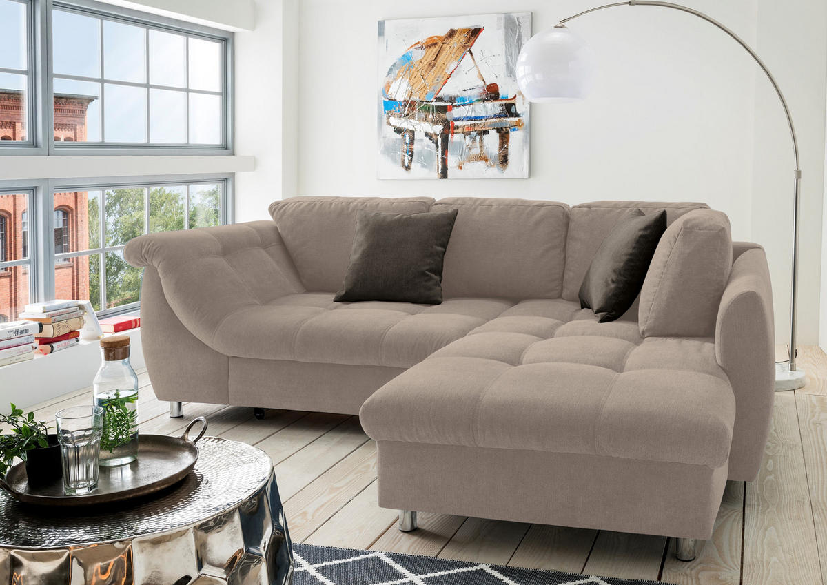ECKSOFA mit Schlaffunktion, Bettkasten, Wellenunterfederung, Ottomane rechts B250/T190/H84 cm, Liegefl. 179x190 cm, Mikrofaser Hellbraun / 17009 - Hellbraun/Chromfarben, Textil/Metall (250/190cm) - luma-home