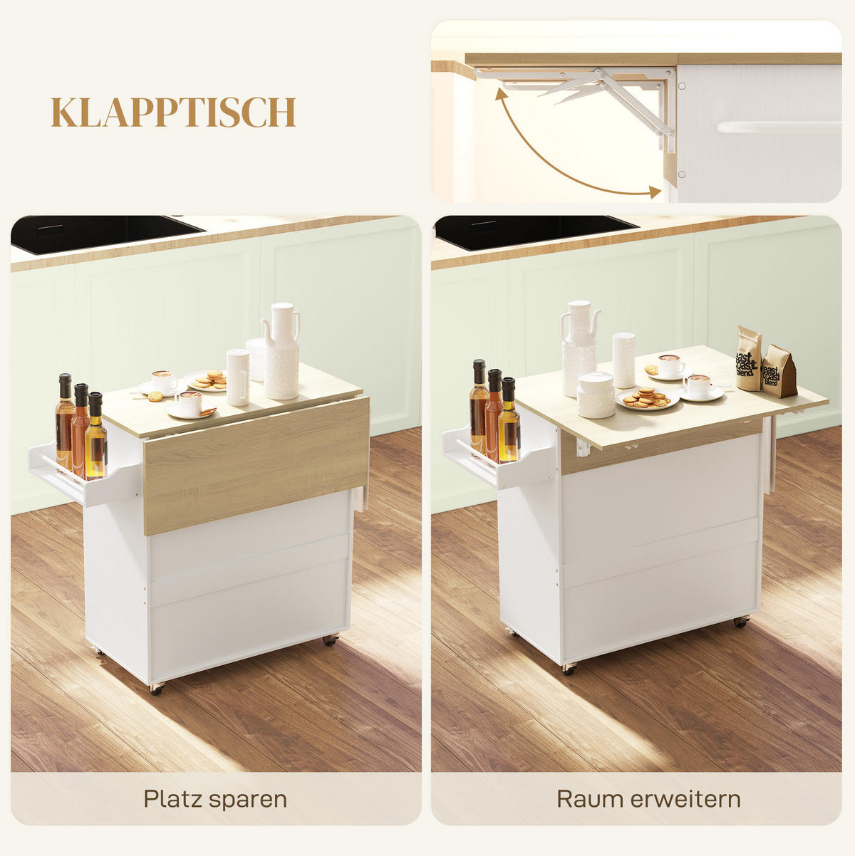 KÜCHENINSEL 106/87/42 cm Weiß aus MDF mit klappbarer Arbeitsplatte - Weiß, Holzwerkstoff (42/87/106cm) - OKMYHOME