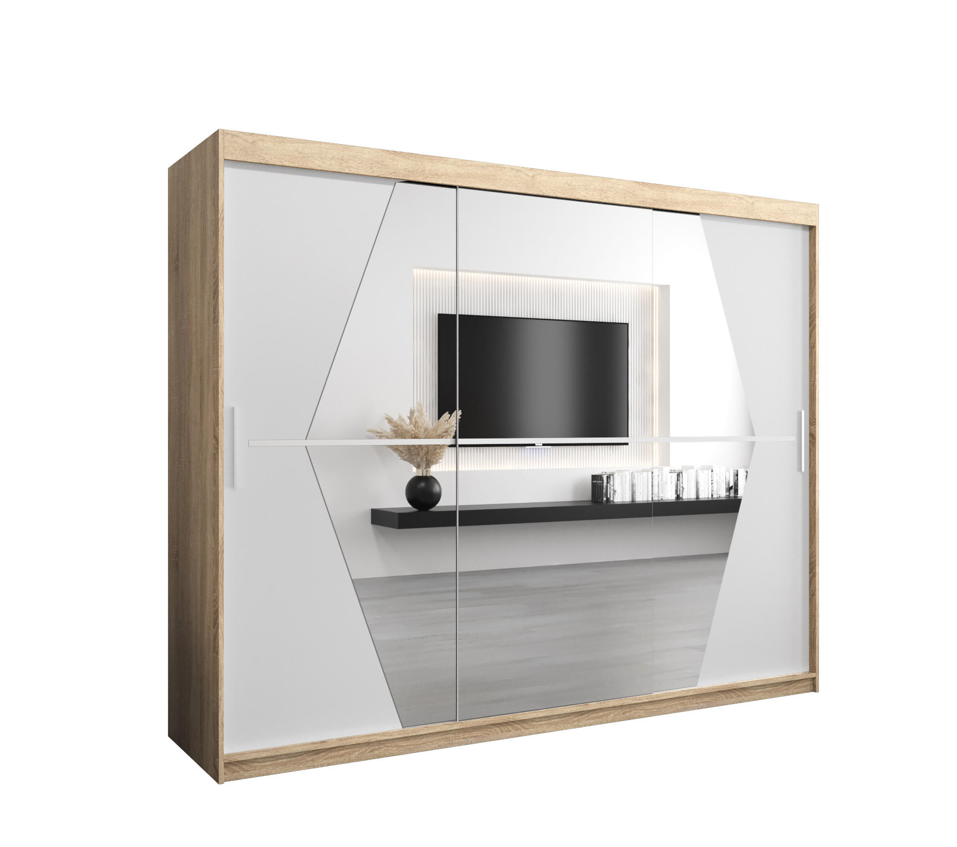 SCHWEBETÜRENSCHRANK 200/250/62 3-türig - Silberfarben/Weiß, Holz/Kunststoff (250/200/62cm) - Abiks Möbel