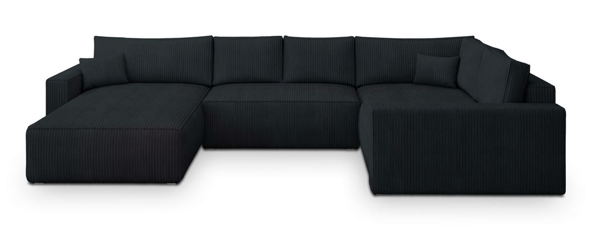 WOHNLANDSCHAFT VELAMI R-S Schwarz Kordstoff mit Schlaffunktion - Schwarz, Holz (365/83/194cm) - MASSENO