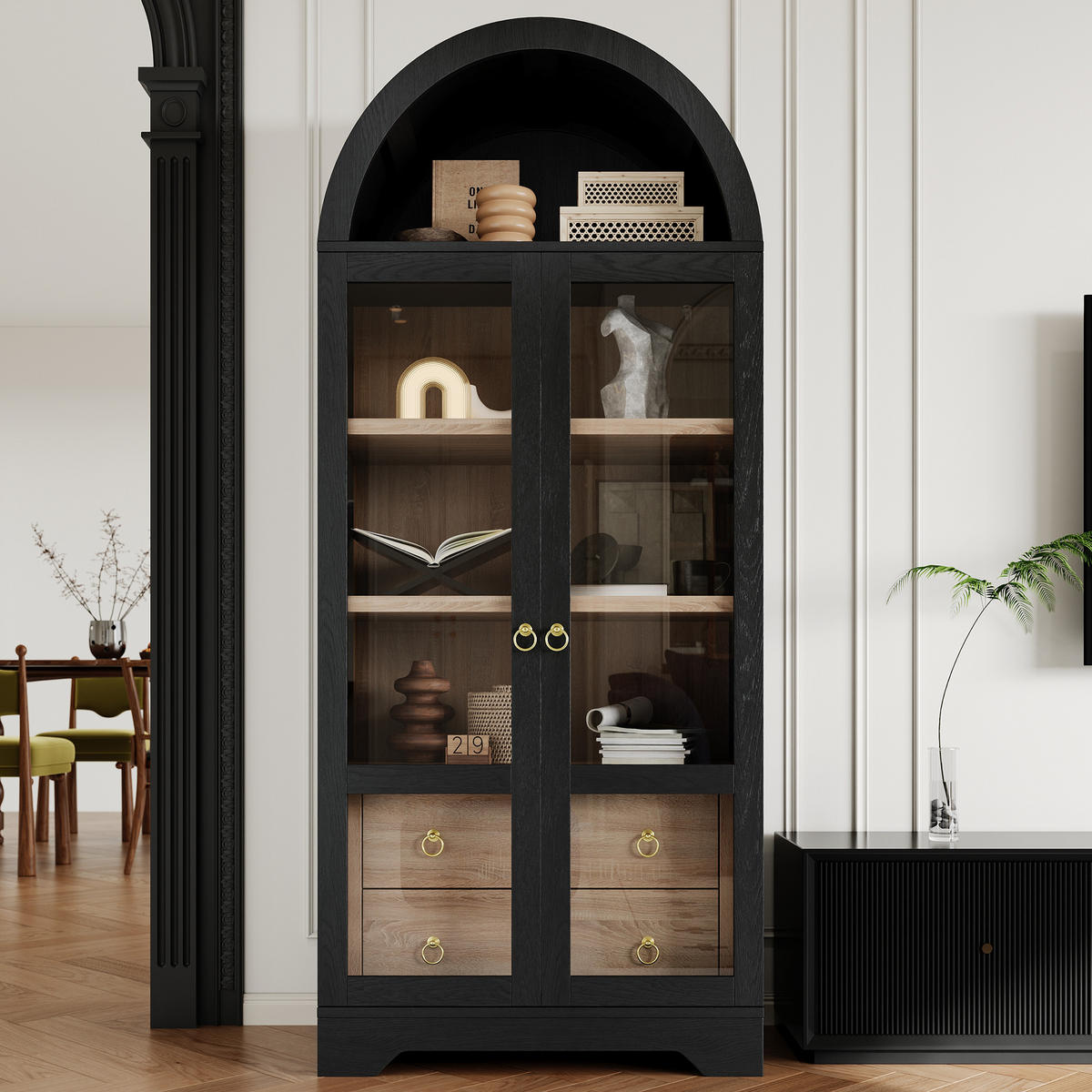 HIGHBOARD DE-38324 76/40/180 cm mit transparentem Glas und 2 Schubladen Schwarz - Schwarz, Holzwerkstoff (76.2/180/40.1cm) - ComfortXL