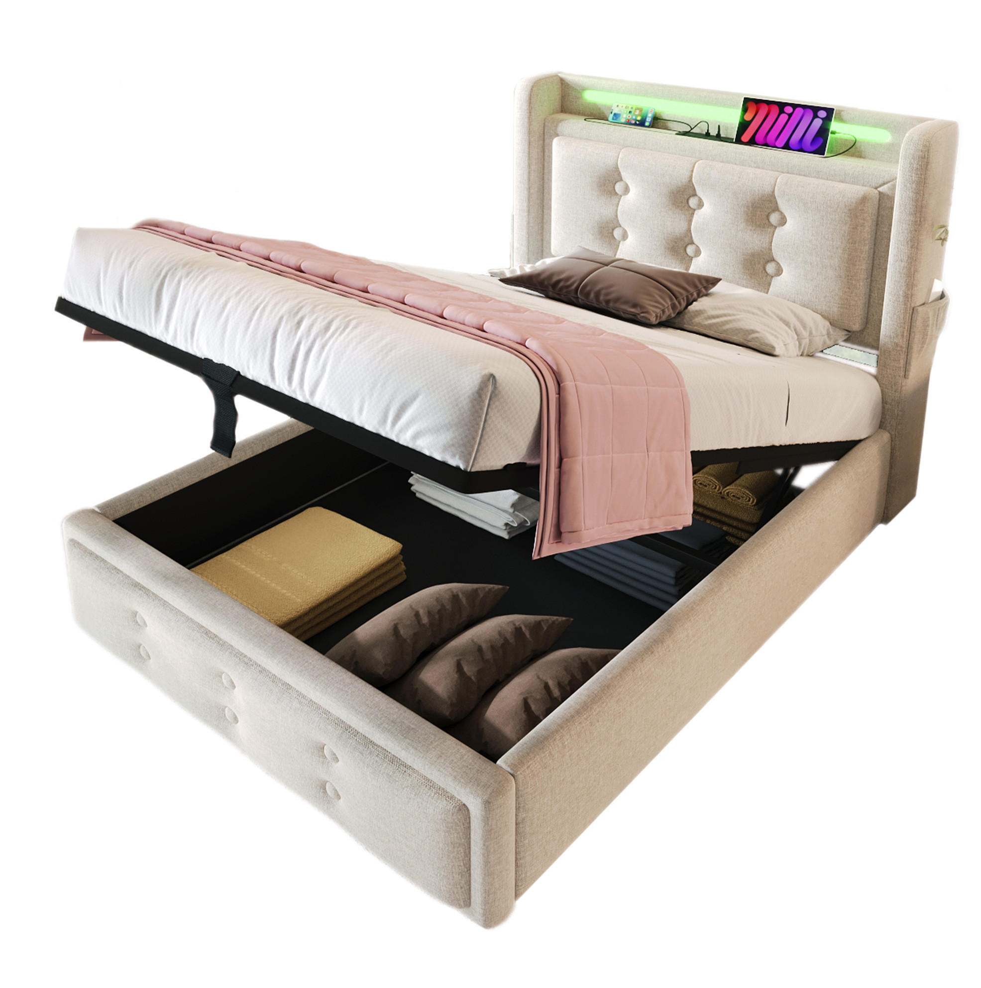 POLSTERBETT 90/200 cm Beige mit Stauraum, LED-Beleuchtung und USB- und Type-C-Anschlüssen - Beige, Textil (90/200cm) - Flora Grace