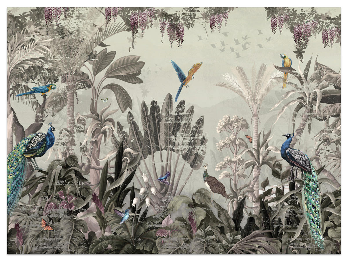 FOTOTAPETE für Wohnzimmer Vintage Tropenwald Palmen Papageien 300x210 - Beige/Grün, Papier (300/210cm) - Muralo