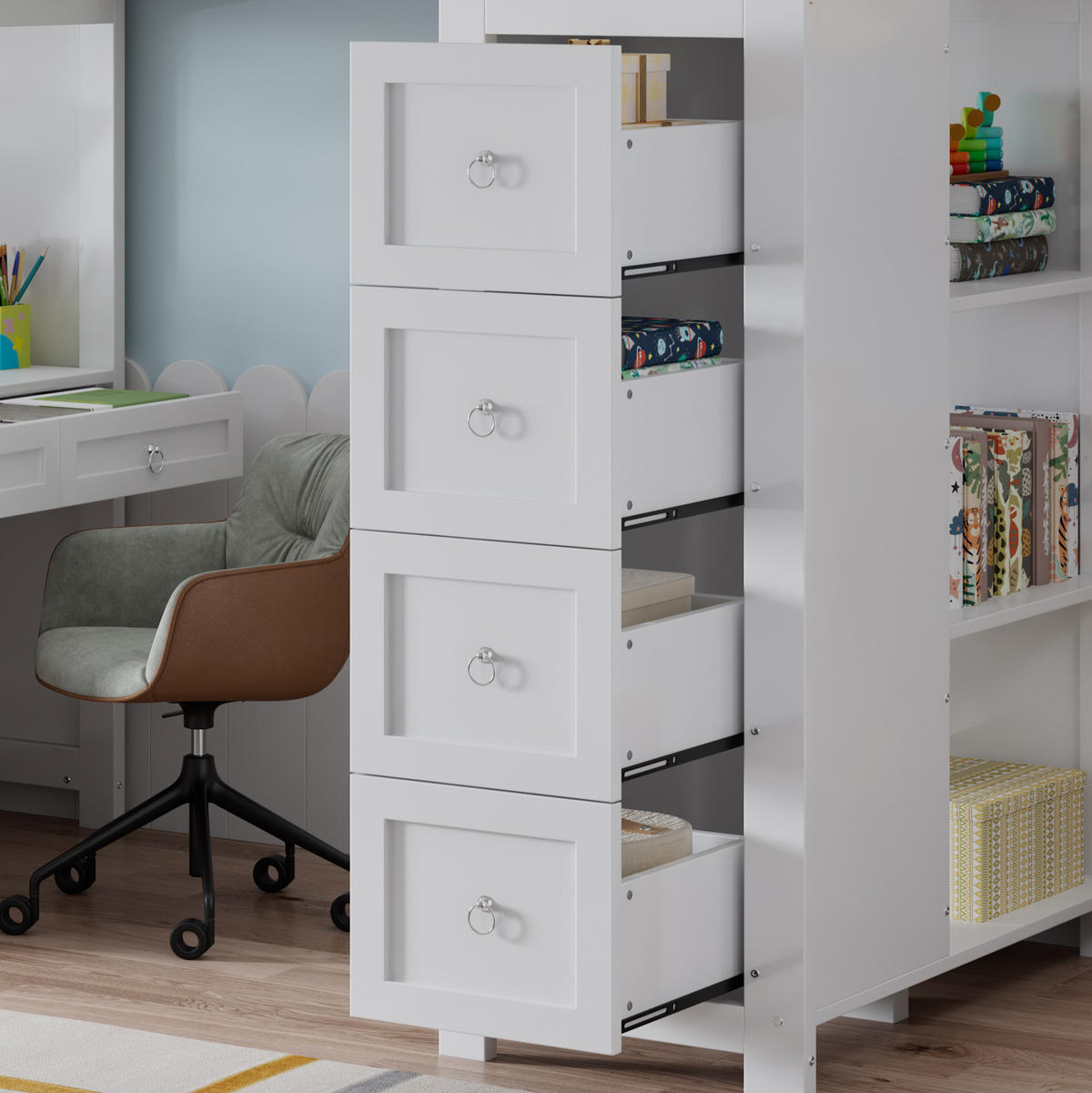 HOCHBETT 90/200 cm in Weiß mit Schubladen, Regal und Schreibtisch - Weiß, Holzwerkstoff (90/200cm) - STILVORA