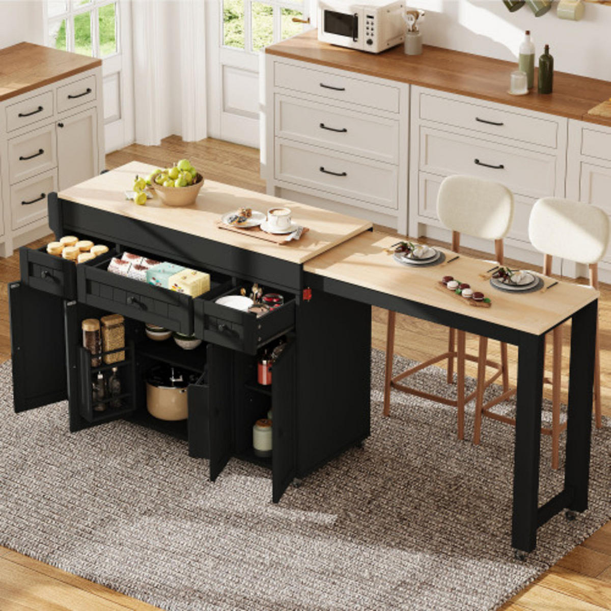 KÜCHENINSEL mit seitlich ausziehbarer Arbeitsplatte schwarz-natur 137-190,6×45,2×92 cm aus MDF - Schwarz, Holzwerkstoff (190.6/92/45.2cm) - Luhomfu
