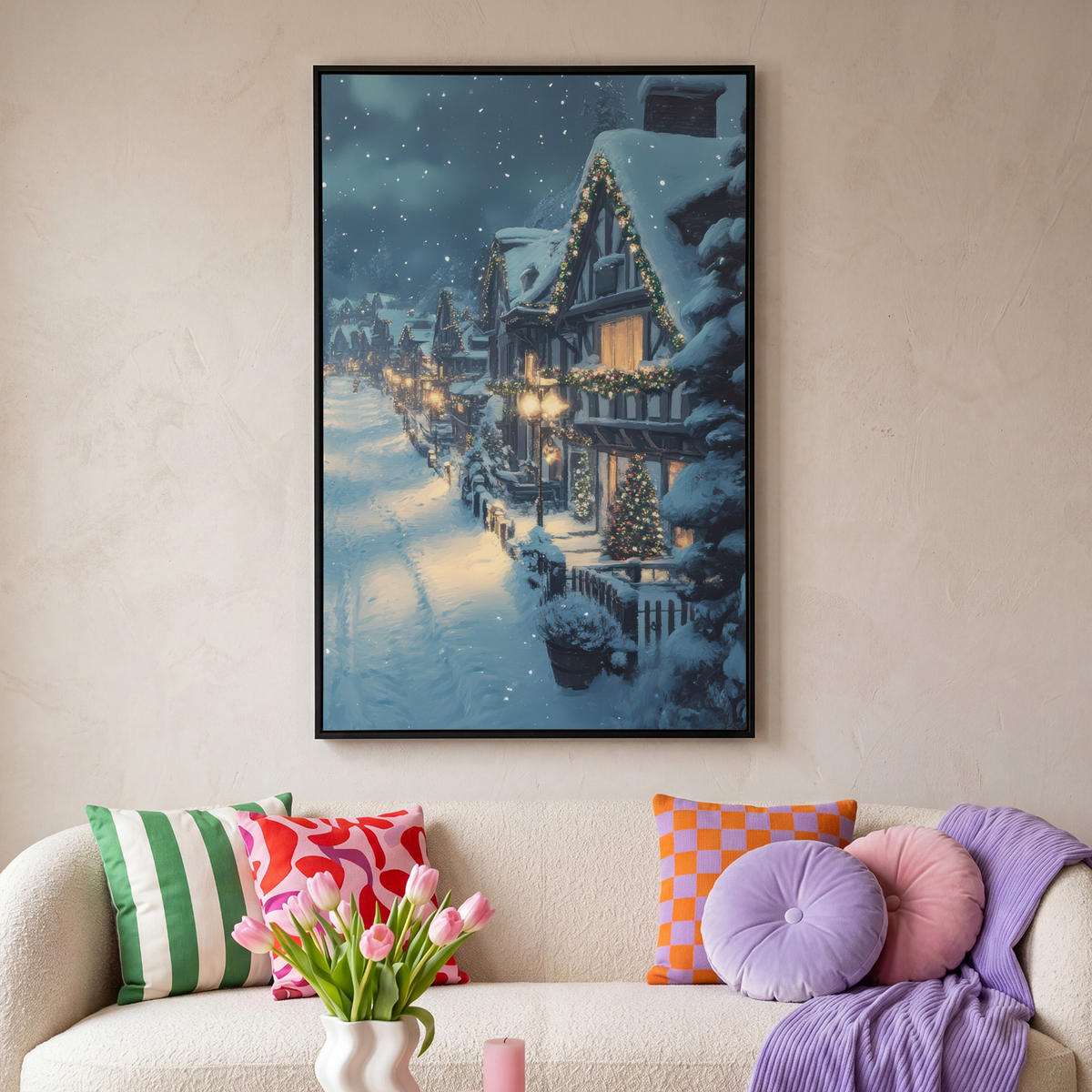 LEINWAND Bilder mit Rahmen - Weihnachtsdorf - Weihnachten - Schnee - Winter - 100x150 - Dunkelblau, Textil (100/150cm) - MuchoWow