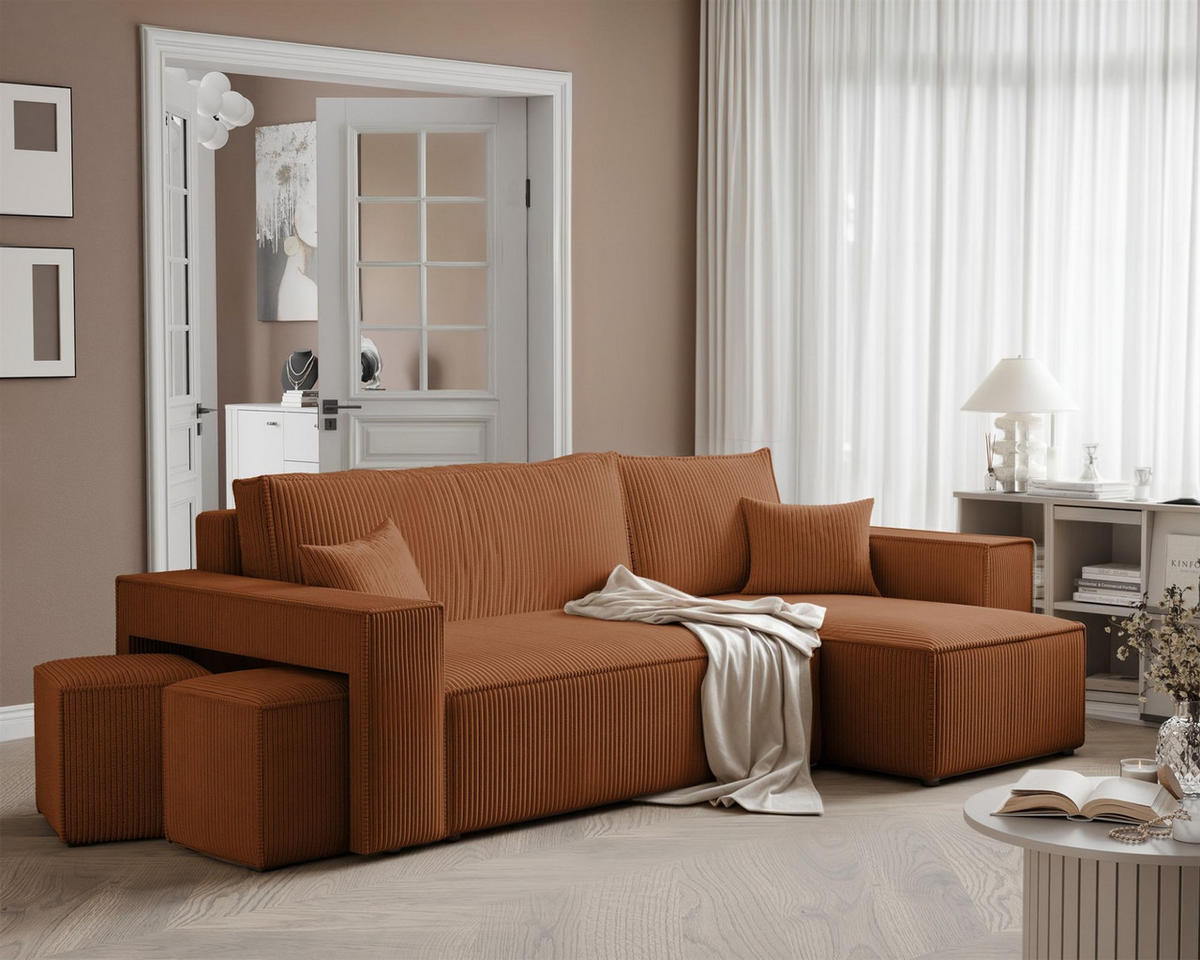ECKSOFA Adara Inkl. Hocker - Hellbraun, Holzwerkstoff/Textil (145/262cm) - Fun Möbel