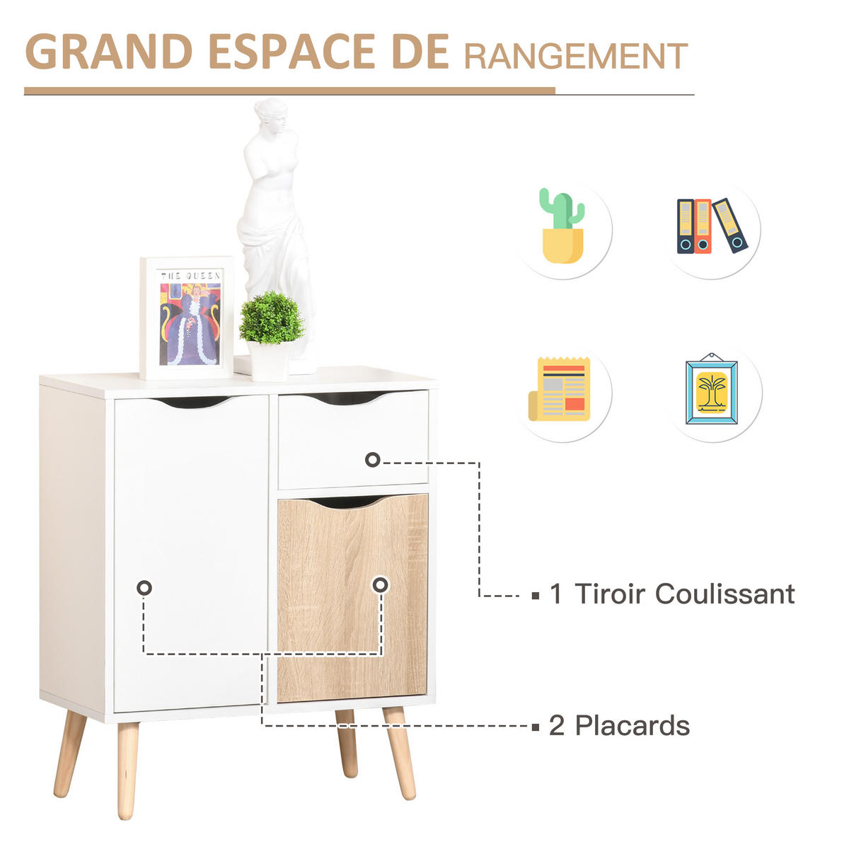 SIDEBOARD Weiß und Eichefarben 60/30/72 cm - Weiß, Holz (60/72/30cm) - PANGIVO