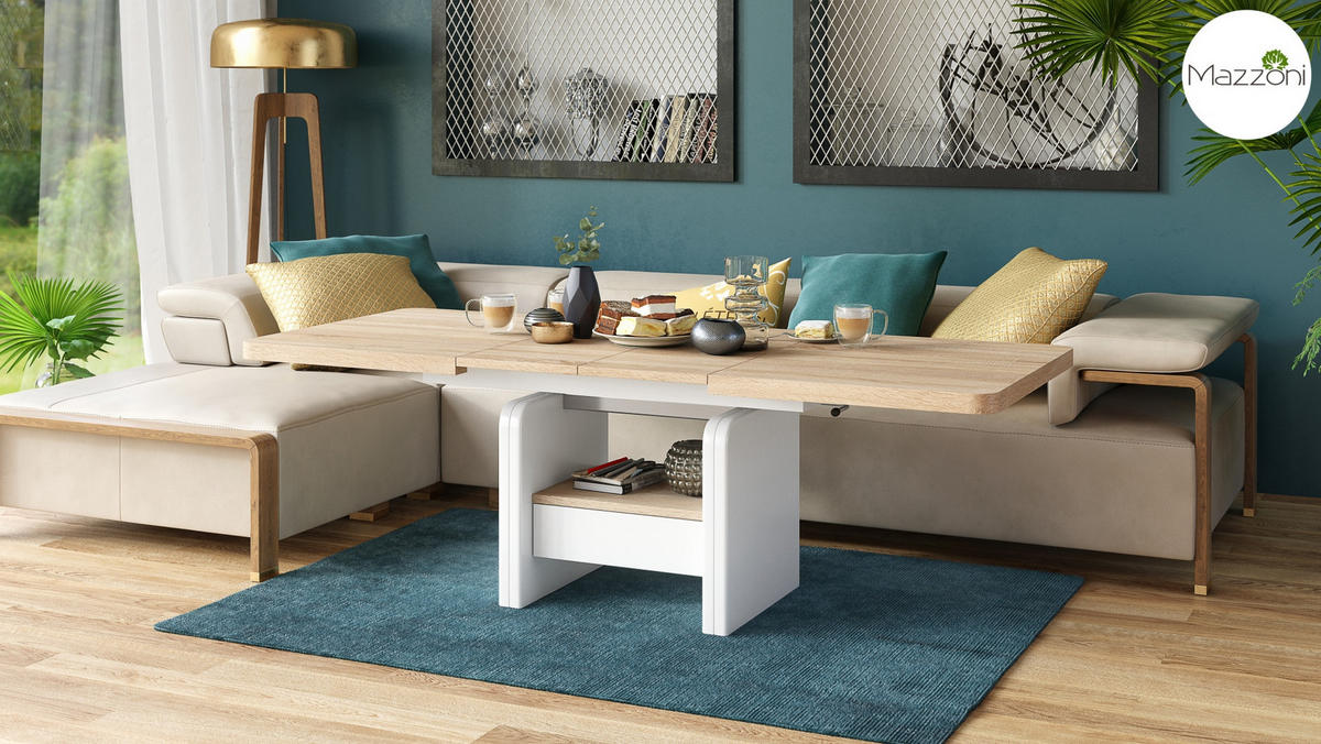 COUCHTISCH rechteckig Sonoma Eiche - Weiß höhenverstellbar ausziehbar - Weiß/Sonoma Eiche, Holzwerkstoff (75/180/75cm) - designimpex