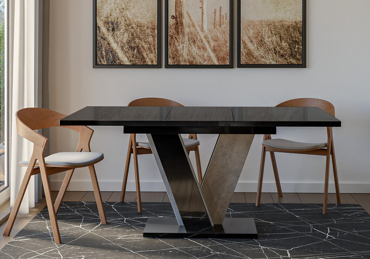 ESSTISCH rechteckig Schwarz - Beton ausziehbar - Schwarz Hochglanz/Hellgrau, Holzwerkstoff (90/120/75cm) - designimpex