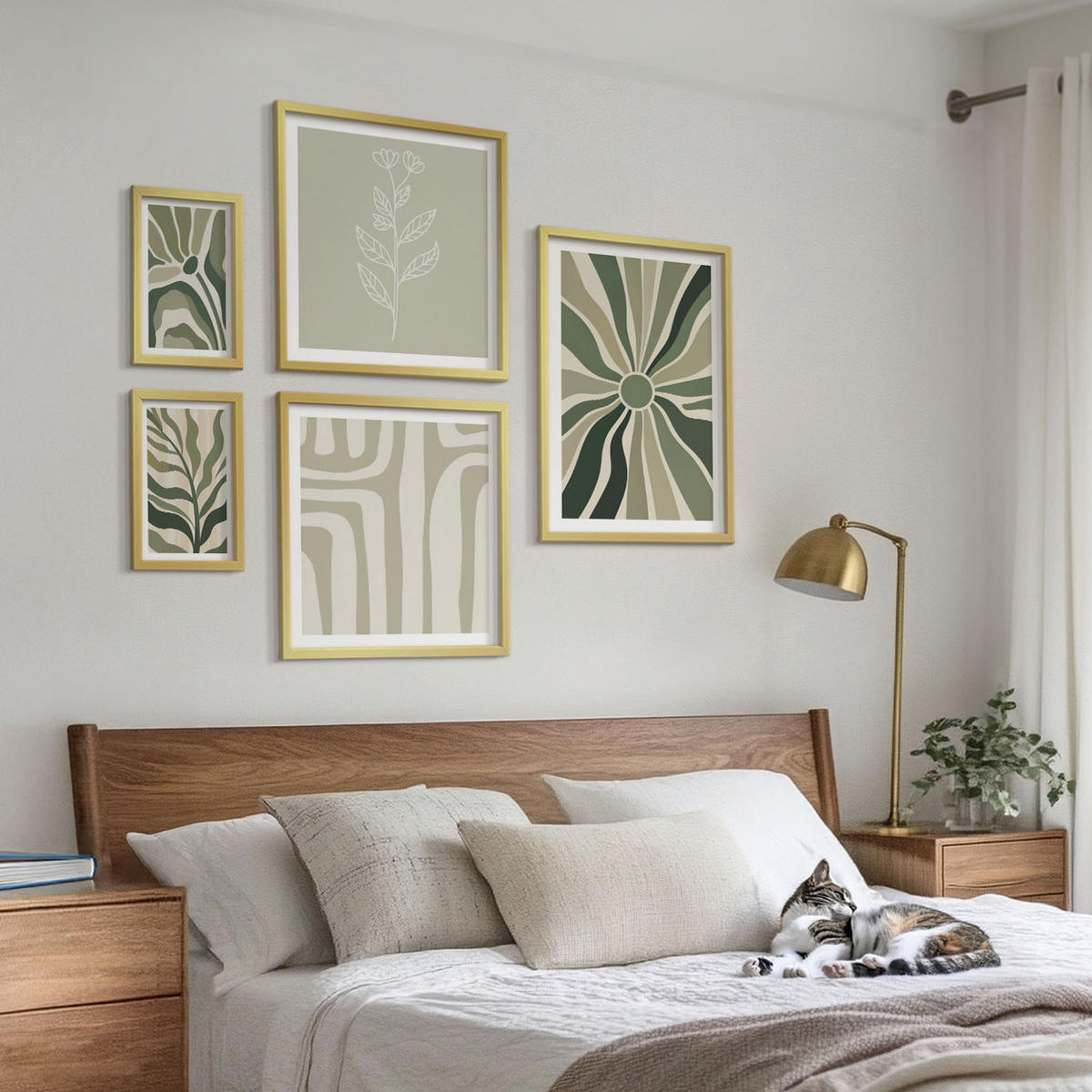 BILDER SET 5er Set - 50x50 cm & 20x30 cm & 40x60 cm Goldrahmen - Pflanzenmuster grüner Minimalismus - Goldfarben, Kunststoff (40/60cm) - TULUP