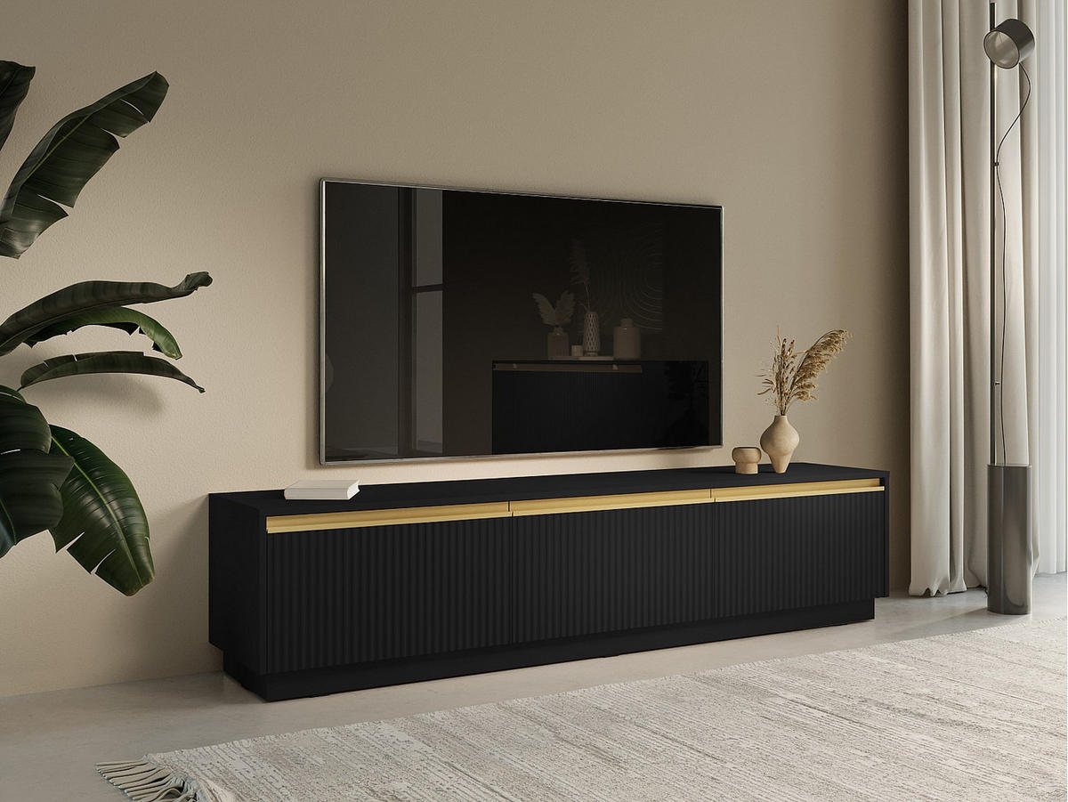 TV-MÖBEL zum Aufhängen oder Aufstellen mit 3 Türen - MDF - Schwarz & Goldfarben - POSINIA - Schwarz, Holz (181.5/42/39cm) - Vente-Unique