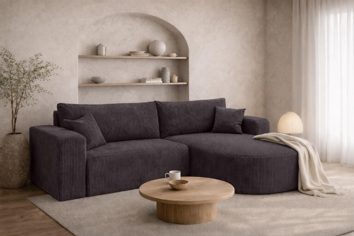 ECKSOFA Mit Schlaffunktion, Cordstoff Poso, Dunkelgrau, Rechts, ROUND ONE - Dunkelgrau, Holz (244/175cm) - Kaiser Möbel