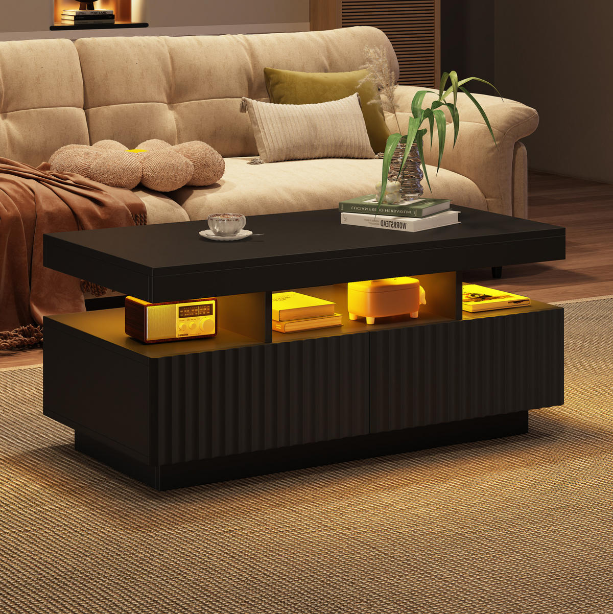 COUCHTISCH 100/50/45 cm in Schwarz mit 2 Schubladen und LED-Beleuchtung - Schwarz, Holzwerkstoff (100/50/45cm) - Flora Grace