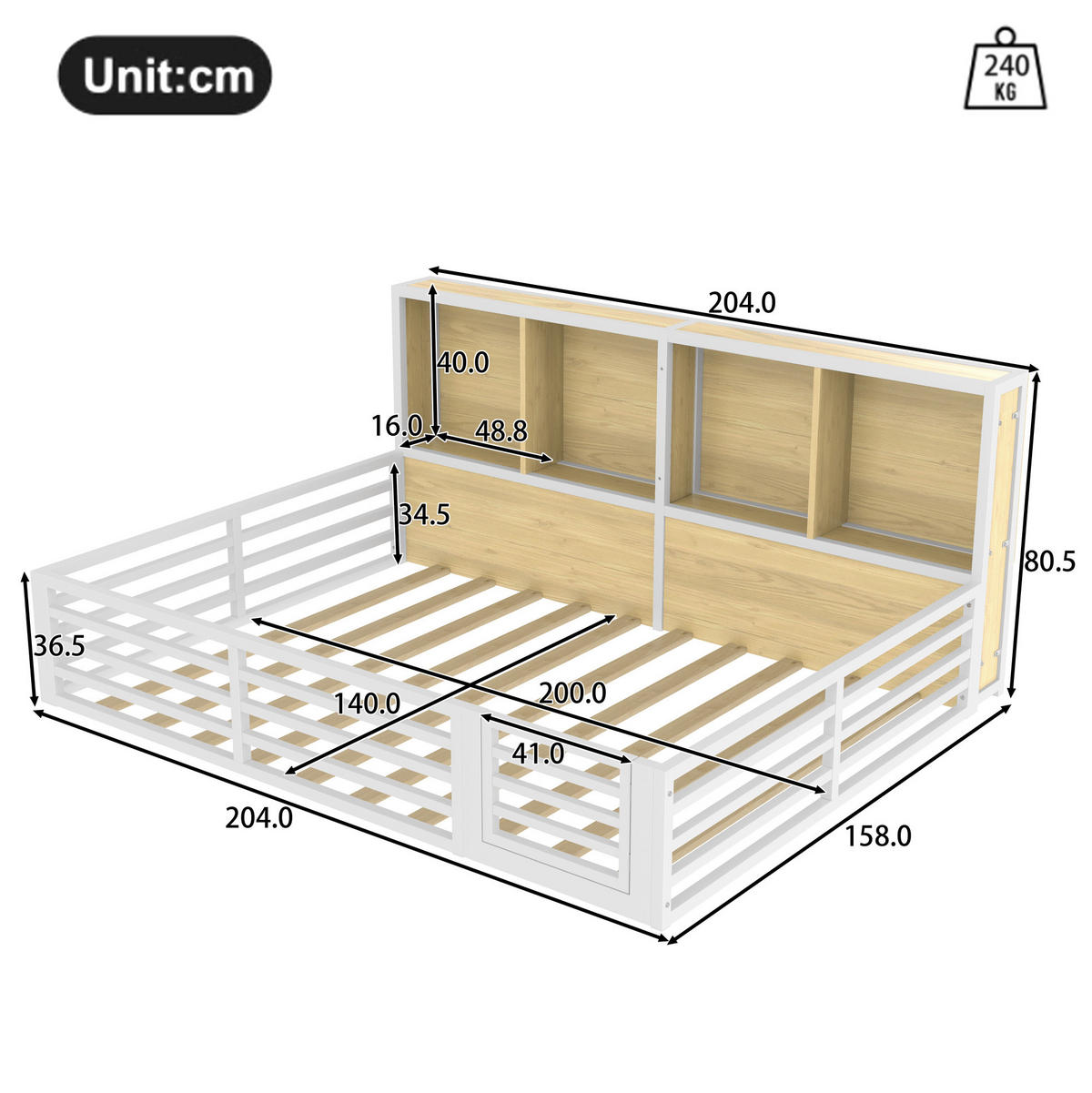 KINDERBETT 140/200 cm Weiß mit LED, Lattenrost, ohne Matratze - Weiß, Metall (140/200cm) - MIVRAY