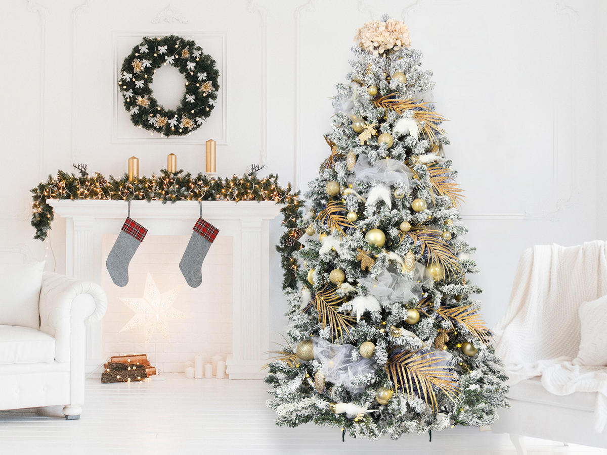 WEIHNACHTSBAUM künstlicher 240 cm, SAMTELEGANZ II, mit 203-teiligem Weihnachtsbaumschmuck, inkl. Metallständer und Aufbewahrungsbox - Champagner/Goldfarben, Kunststoff/Textil (137/240cm) - LAALU