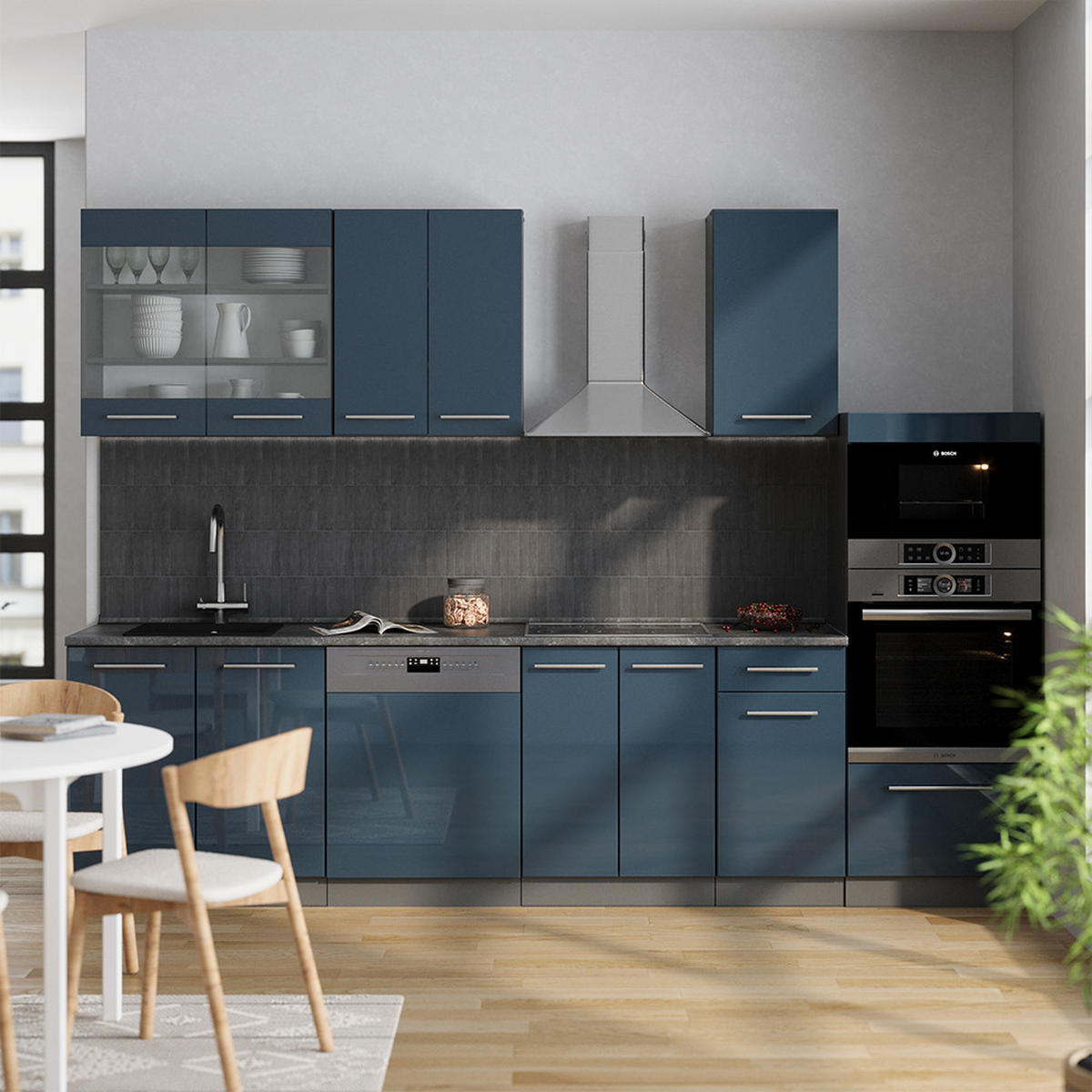KÜCHENZEILE Fame-Line Dunkelblau Hochglanz/Anthrazit 300 cm AP Marmor - Anthrazit/Dunkelblau, Holzwerkstoff (300/81.6/60cm) - Vicco