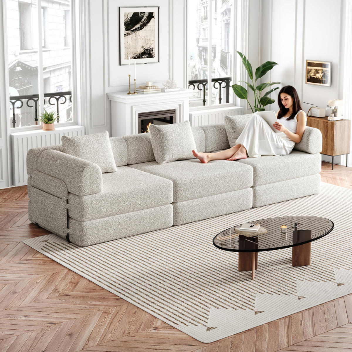 SCHLAFSOFA 2-in-1, Chenille mit Armlehnen-Staufach & Stahlrahmen, 91,4/274/69,8 cm, Beige - Beige, Textil (91.4/69.8/274cm) - Redom