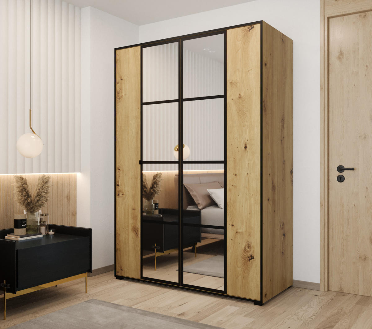 DREHTÜRENSCHRANK MODENA 150, 4-türig Kleiderschrank mit 2 Spiegel, Moderne Garderobe, Schrank in Größe: 150 x 206 x 65 cm - Schwarz/Braun, Holzwerkstoff (150/206/65cm) - O-Sofa