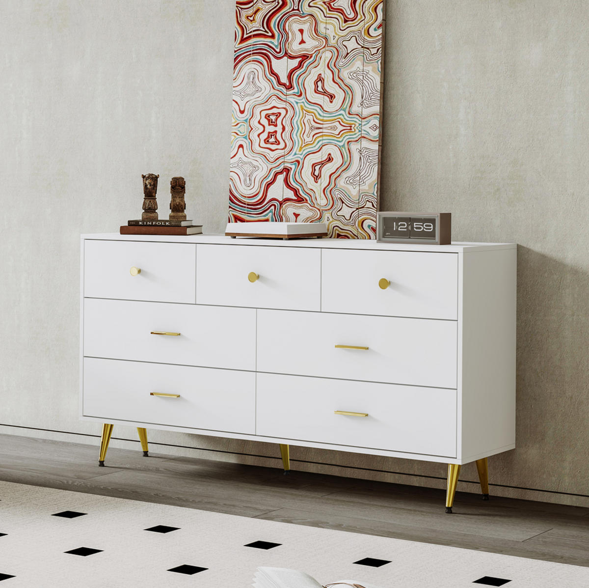 SIDEBOARD 140/35/76 cm mit 7 Schubladen in Weiß und goldfarbenen Details - Weiß, Holzwerkstoff (140/76/35cm) - BEAOK