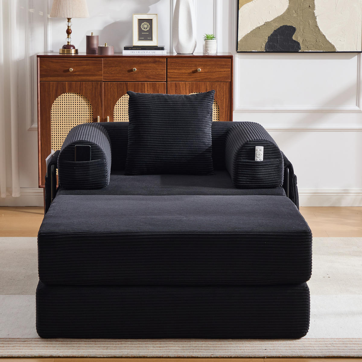 SESSEL mit Hocker 112/190/67 cm frei kombinierbar, Cordbezug, ergonomisch und montagefrei, Schwarz - Schwarz, Textil (190/67/112cm) - Redom