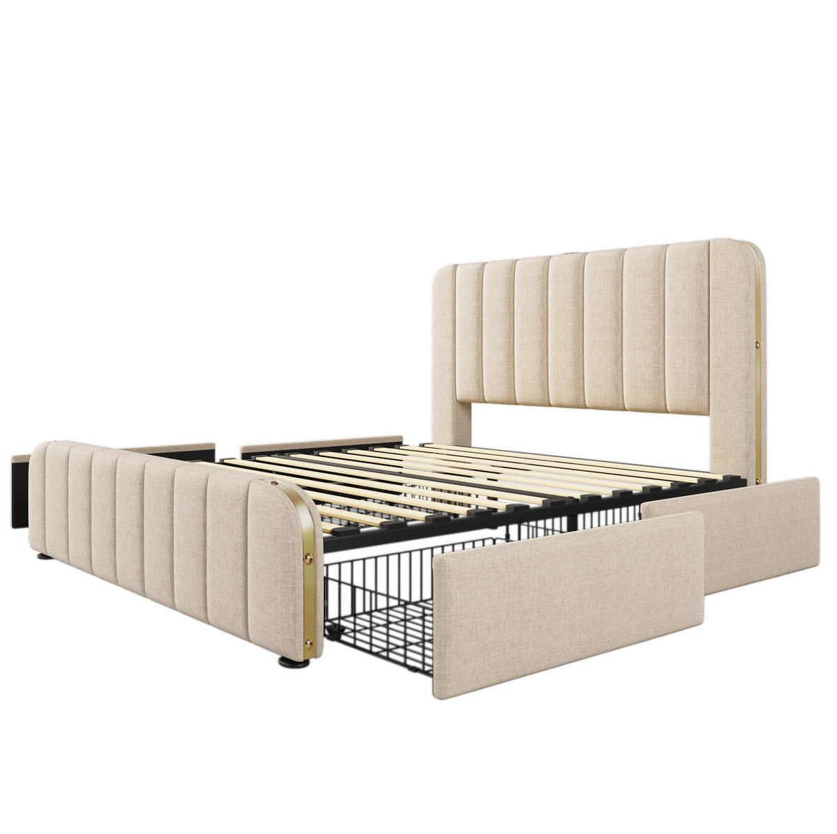 BETT mit 4 Schubladen und USB 140x200 cm Leinen Beige - Beige, Metall (140/200cm) - Meubliv