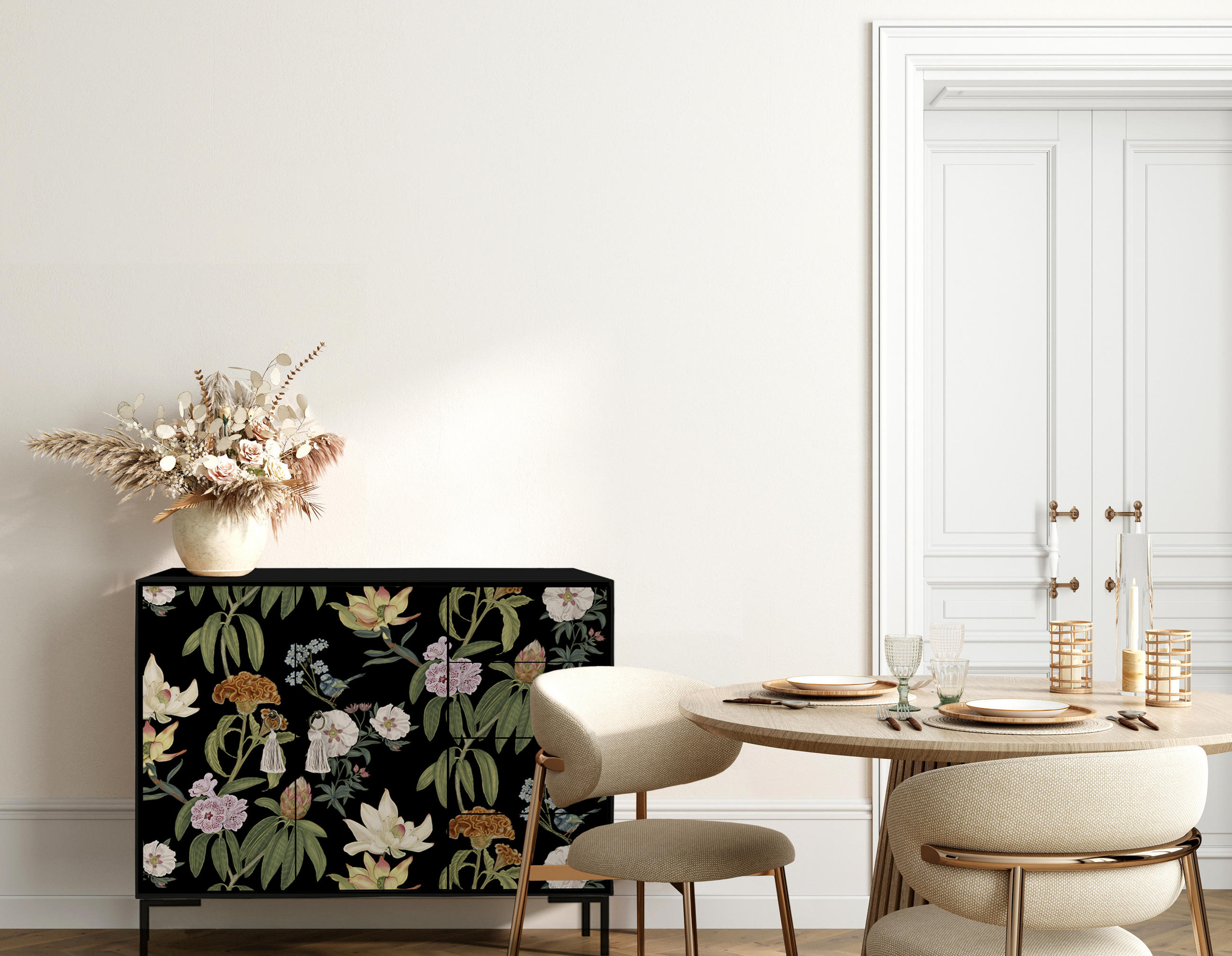 KOMMODE 2 Türen und 4 Schubladen MDF schwarzem Blumendruck WILMA JARA - Multicolor/Schwarz, Holzwerkstoff (45/84/113cm) - RNT By Really Nice Things